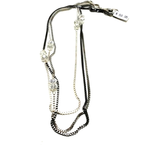 BALLET, Polished Layered Silver tone, Gun metal, Clear beaded long Necklace, 34" - Picture 1 of 8